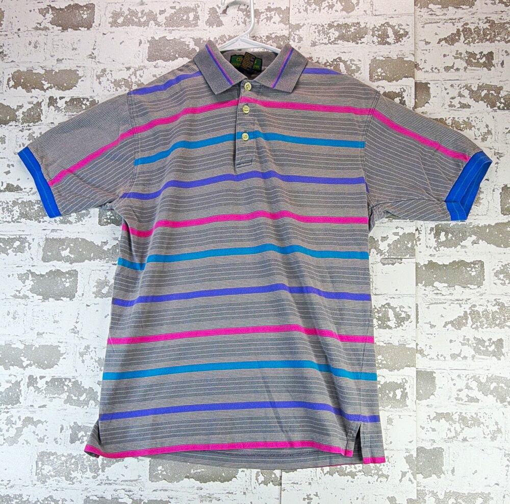 Vintage Colours by Alexander Julian Polo Shirt Mens M Gray Neon Striped Cotton